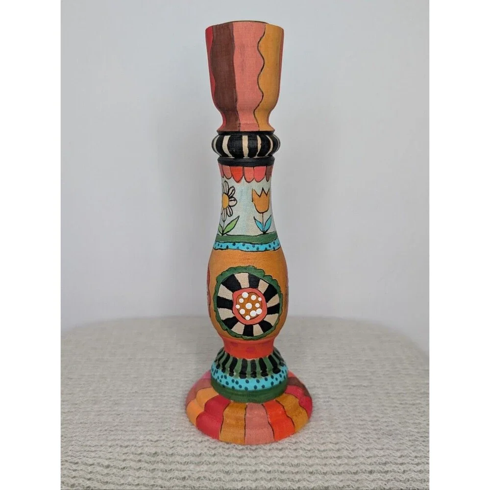 Hand-Painted Colorful Floral Wooden Candlestick